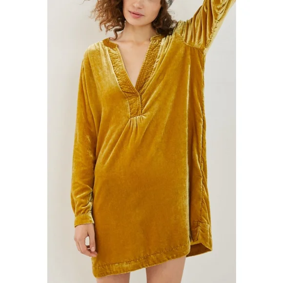 NWT Anthropologie Melody Chartreuse Yellow Velvet Tunic Dress Sz Xs $148 - Picture 2 of 12